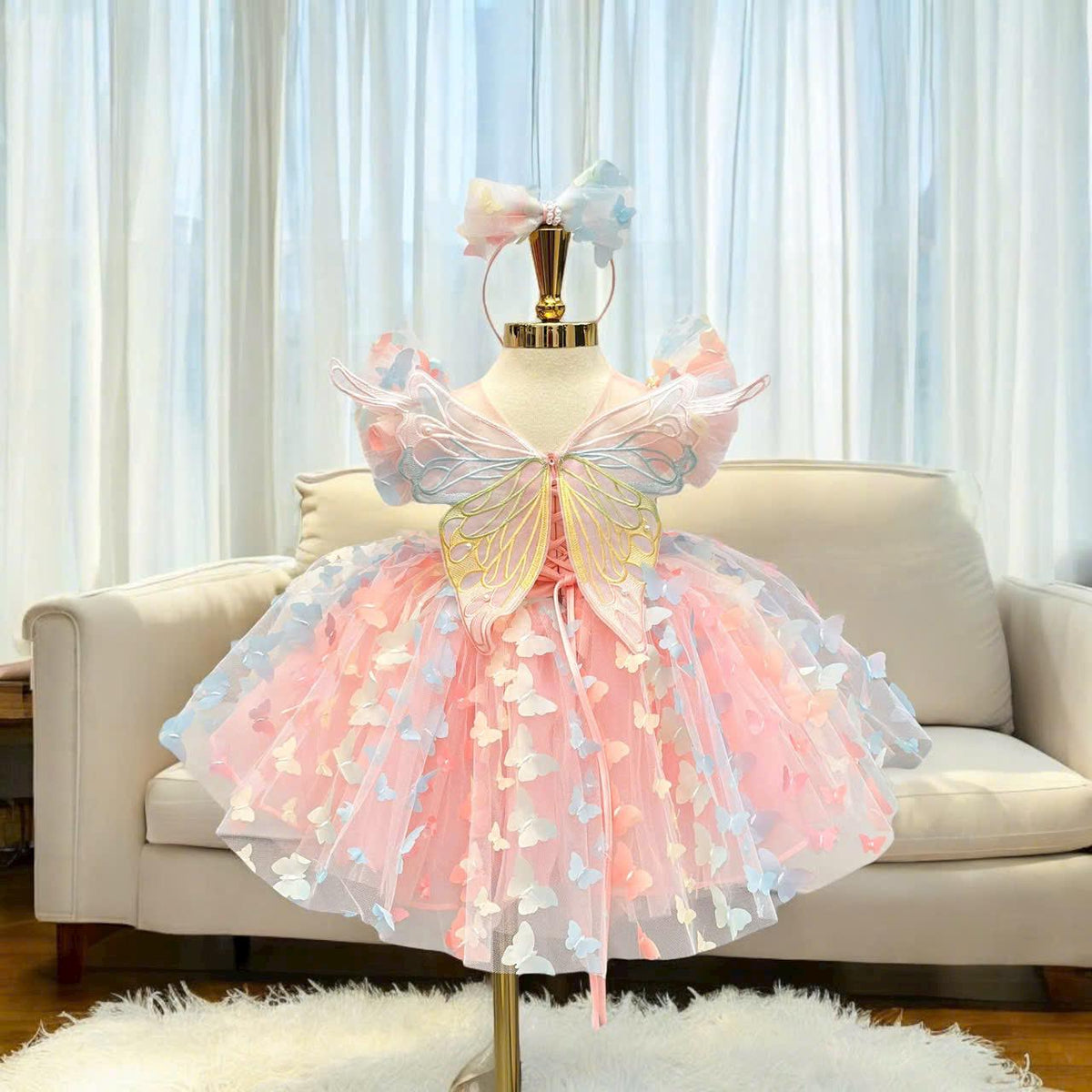 Pink Butterfly Princess Dress: Tulle Birthday Party Gown with Headband