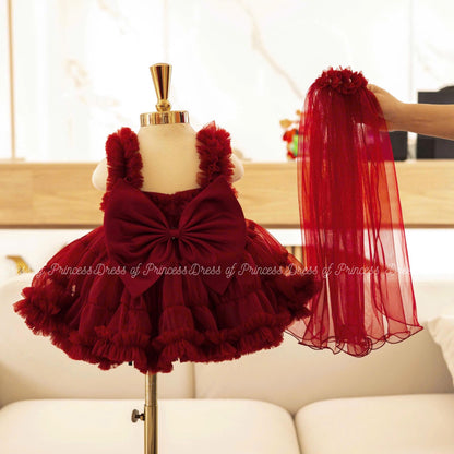Burgundy Ruffle Tulle Baby Dress with Veil: Princess Birthday Outfit
