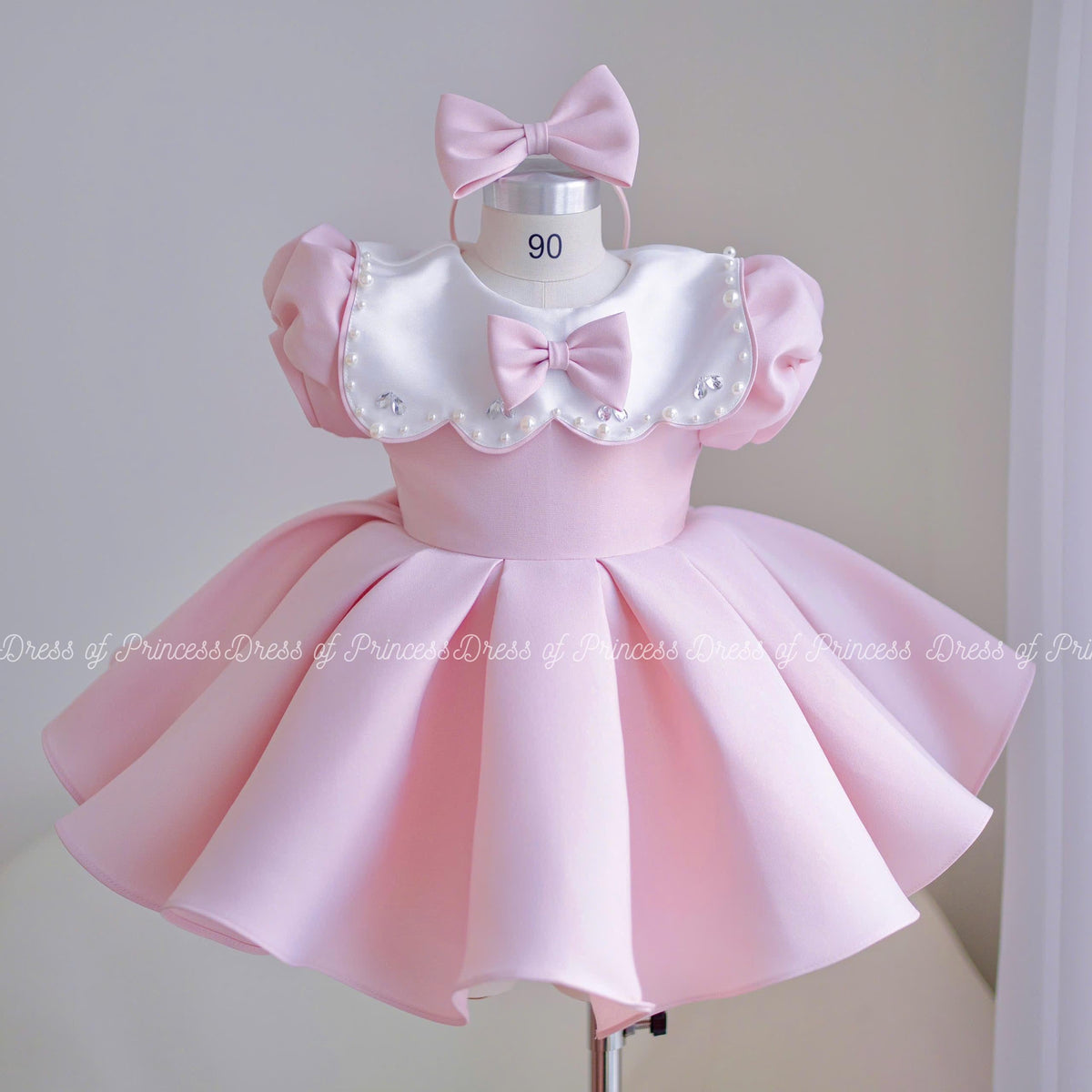Pink Baby Girl Dress with Bow Headband, Princess Birthday Dress, Toddler Party Dress, Puffy Sleeve Dress, First Birthday Outfit