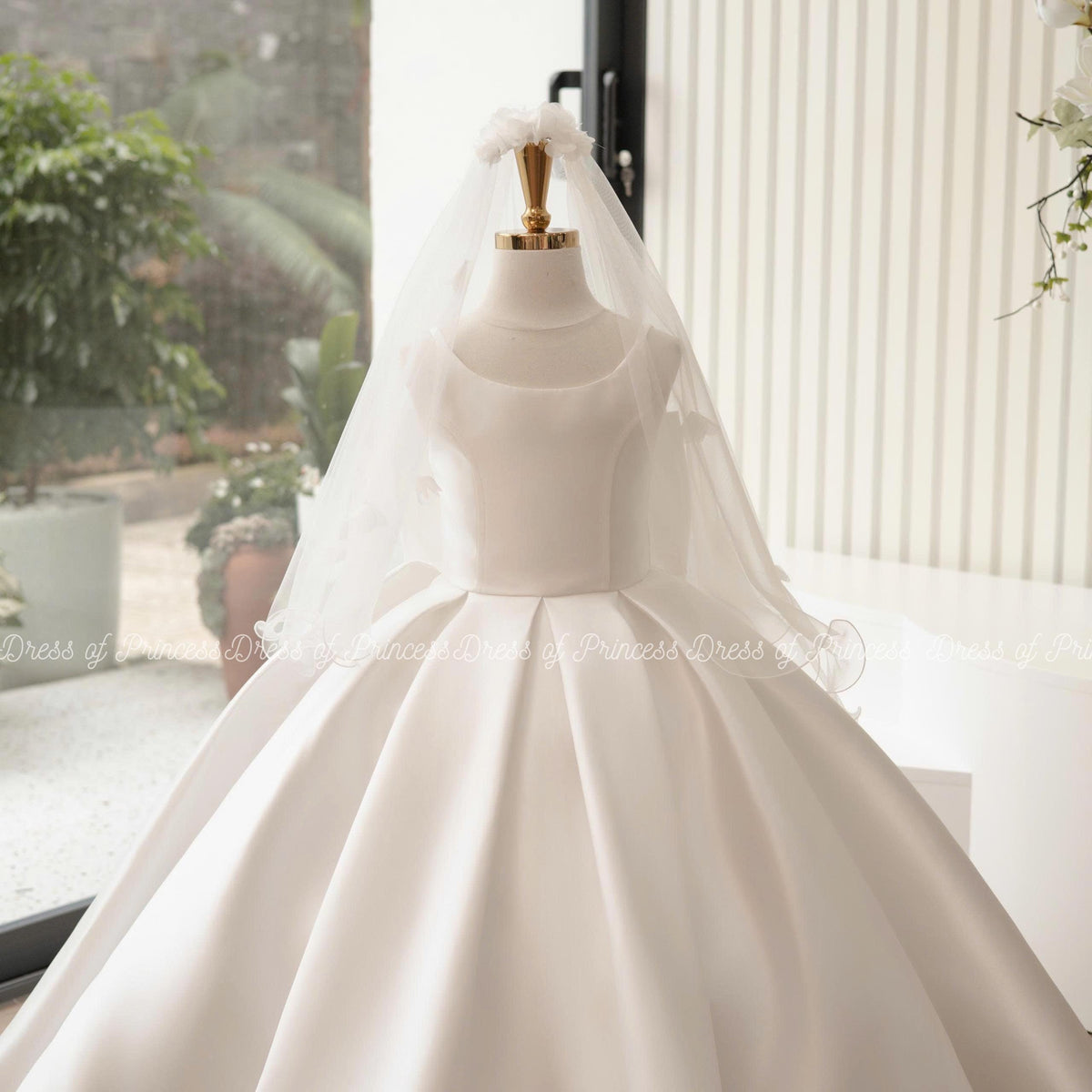 Luxury Satin Flower Girl Dress with Veil & Big Bow | Custom Colors | Wedding Birthday Communion Gown for Toddler and Girls