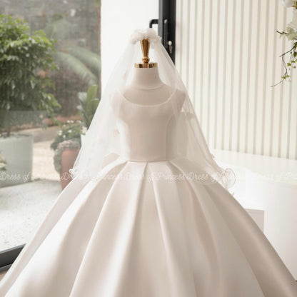 Luxury Satin Flower Girl Dress with Veil & Big Bow | Custom Colors | Wedding Birthday Communion Gown for Toddler and Girls