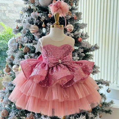 Pink Sequin Princess Dress for Girls, Luxury Birthday Dress, Baby Girl Party Dress, Toddler Tulle Dress, Flower Girl Dress