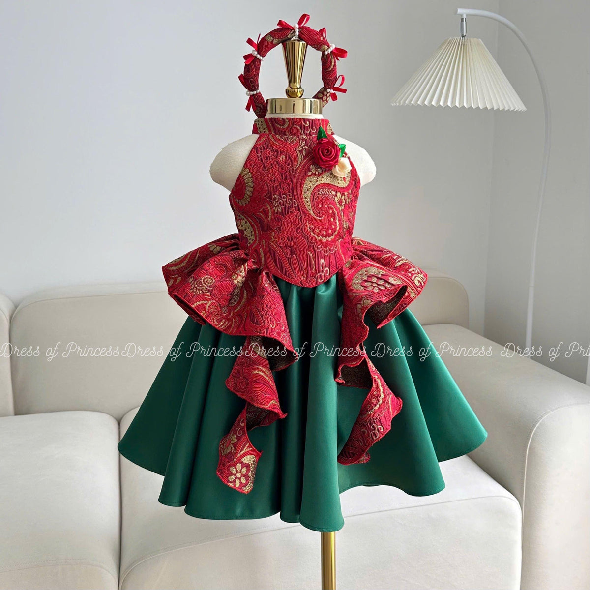Brocade Baby Girl Dress: Red & Green Ruffles, Vietnamese Mấn Headpiece
