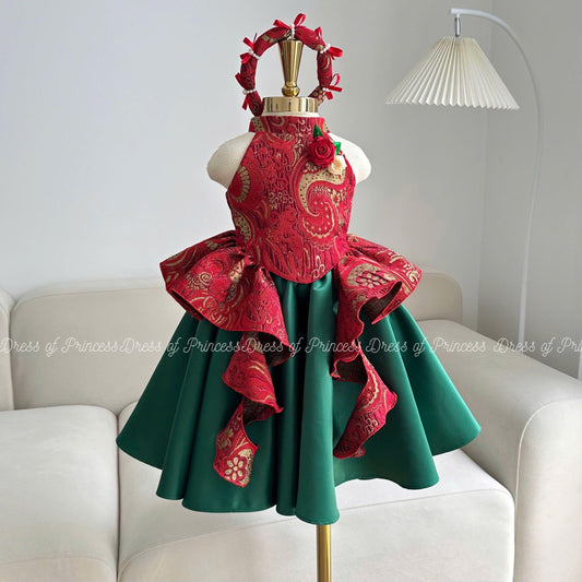 Brocade Baby Girl Dress: Red & Green Ruffles, Vietnamese Mấn Headpiece