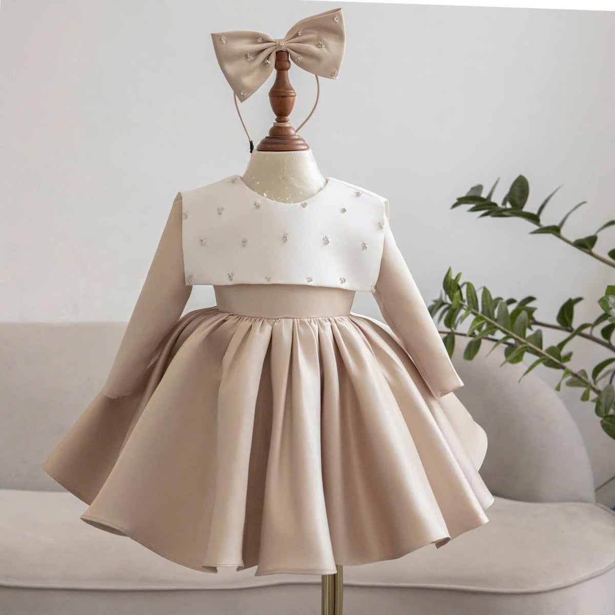 Beige Toddler Girl Dress: Pearl Cape, Bow Headband - Formal Party Outfit