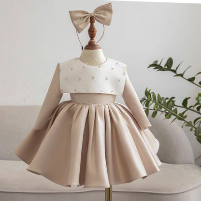 Beige Toddler Girl Dress: Pearl Cape, Bow Headband - Formal Party Outfit