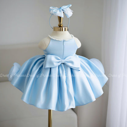 Light Blue Princess Dress with Bow & Roses – Baby Girl Birthday / Party / Photoshoot Outfit