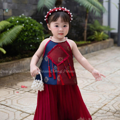Red & Navy Traditional-Inspired Dress with Bow – Baby Girl Birthday / Festival / Photoshoot Outfit