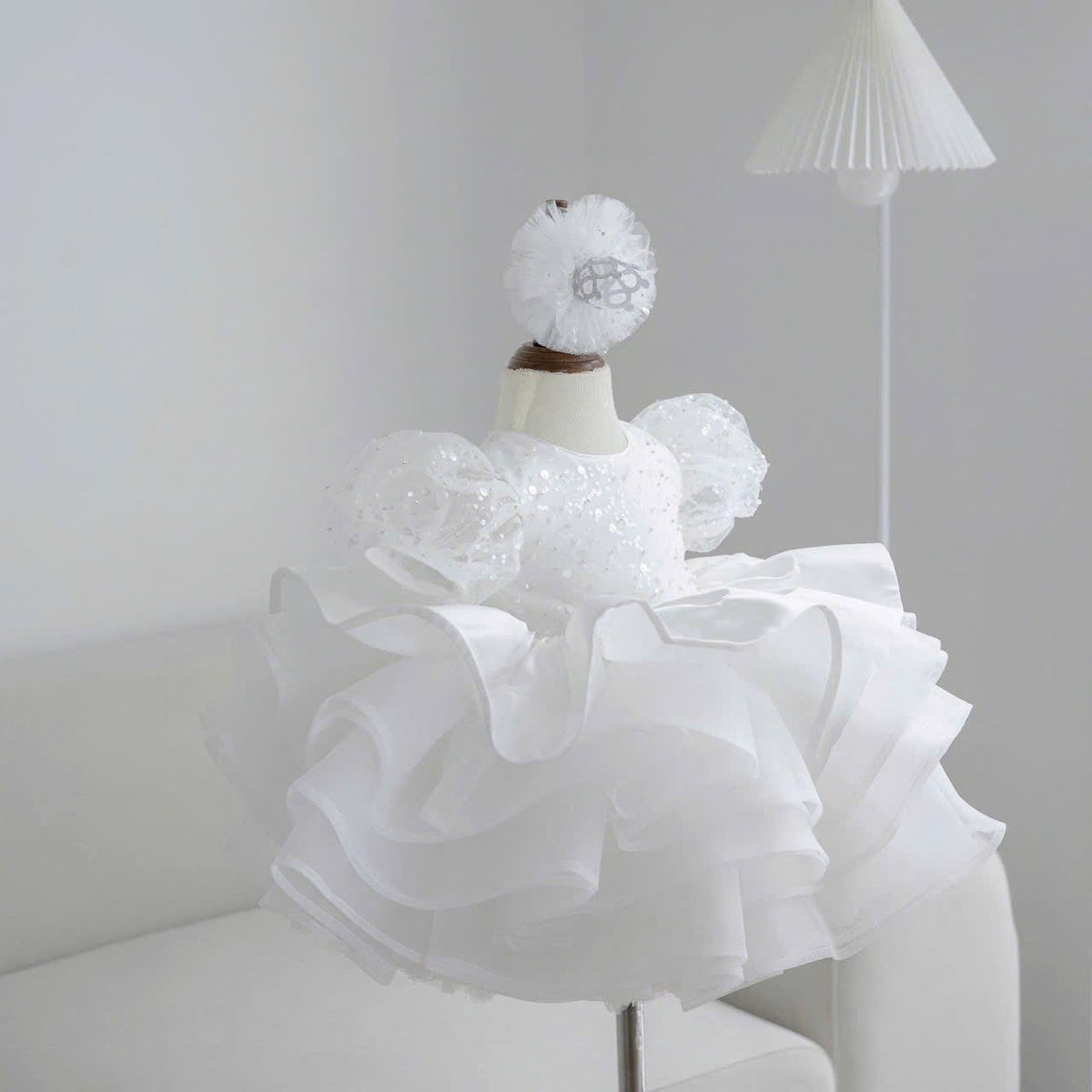 Baby Girl White Sequin Ruffle Dress: First Birthday, Baptism