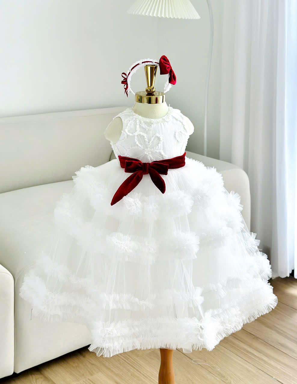 White Tulle Baby Birthday Dress: Red Velvet Bow & Headband