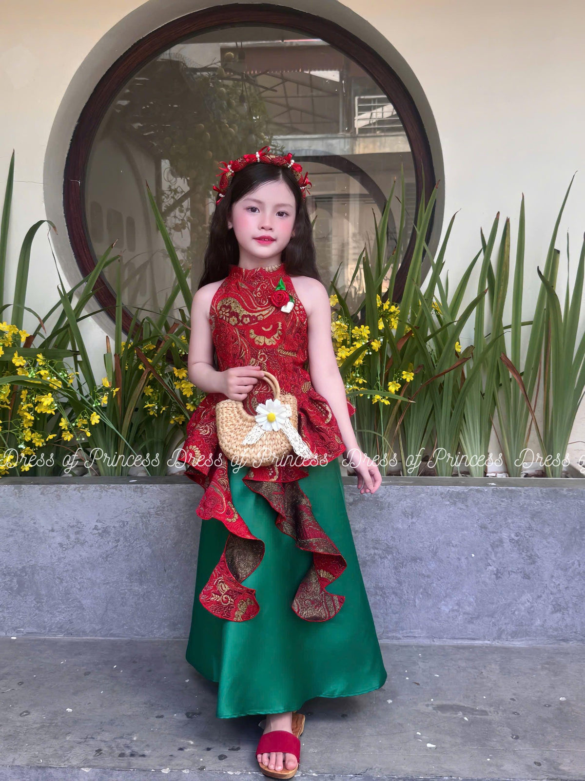 Brocade Baby Girl Dress: Red & Green Ruffles, Vietnamese Mấn Headpiece