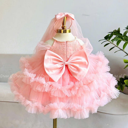 Pink Tulle Baby Dress | Lace Bodice, Bow & Veil