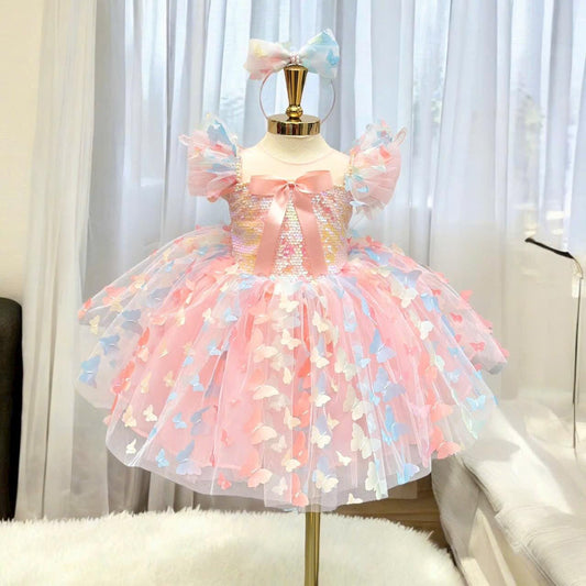 Pink Butterfly Princess Dress: Tulle Birthday Party Gown with Headband