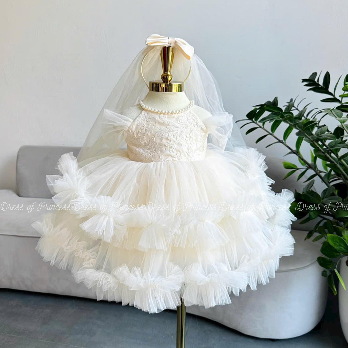 Lace Bodice Tulle Baby Dress | Baptism Outfit with Veil