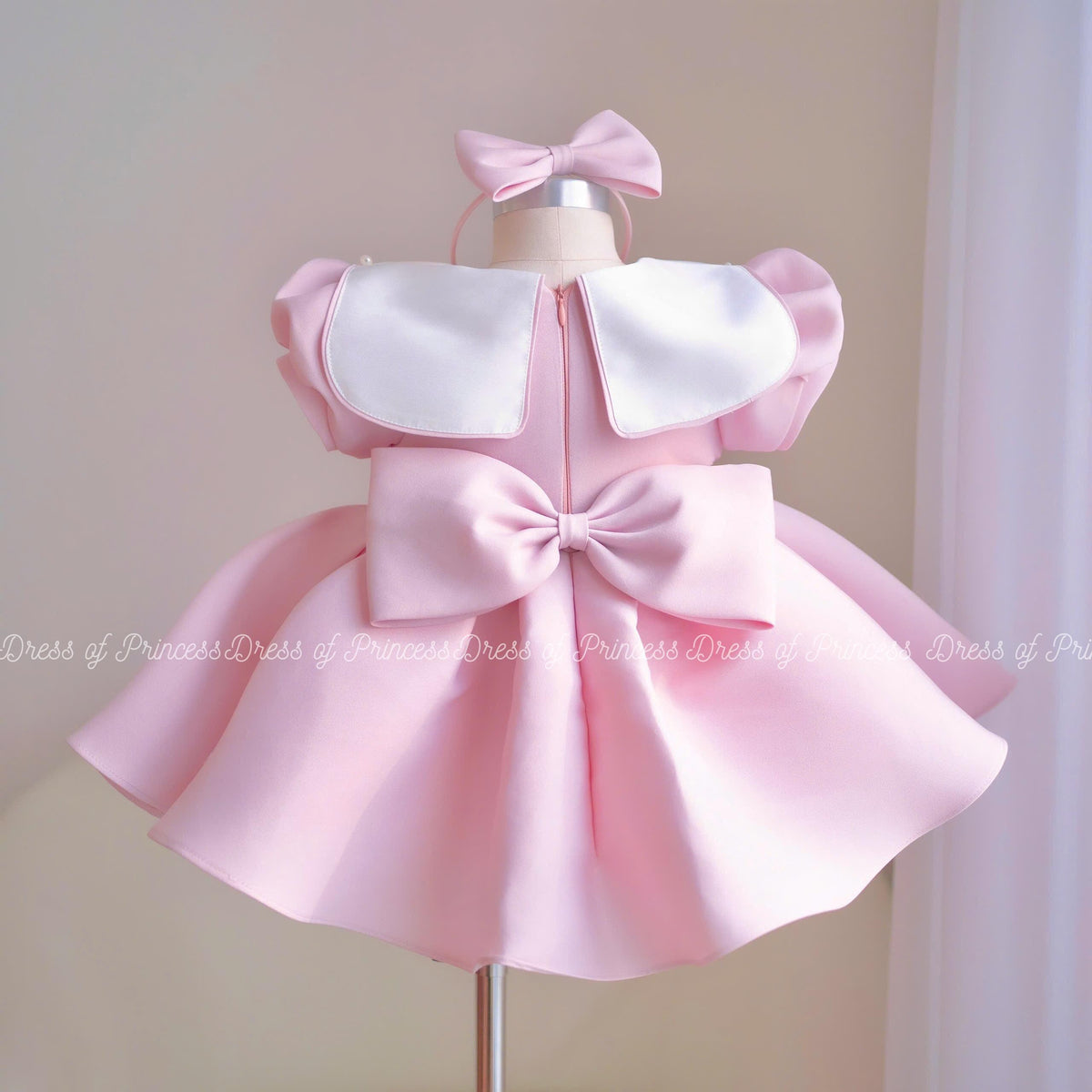 Pink Baby Girl Dress with Bow Headband, Princess Birthday Dress, Toddler Party Dress, Puffy Sleeve Dress, First Birthday Outfit