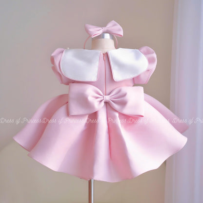 Pink Baby Girl Dress with Bow Headband, Princess Birthday Dress, Toddler Party Dress, Puffy Sleeve Dress, First Birthday Outfit