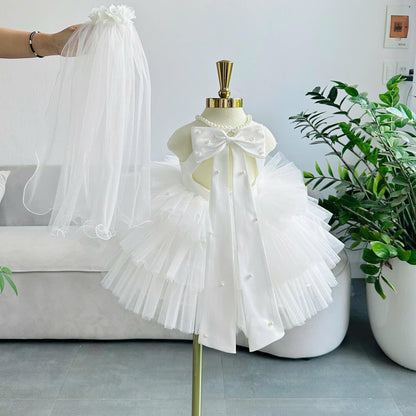 White Tulle Princess Dress: Pearl Details, Satin Bow & Veil