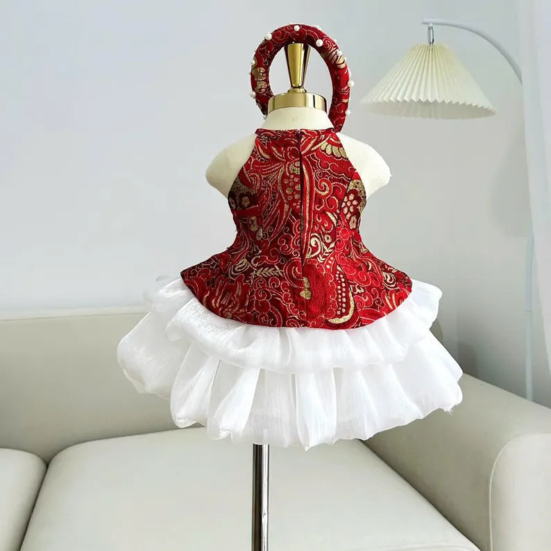 Baby Girl Red Brocade Ao Dai Dress: Lunar New Year Outfit
