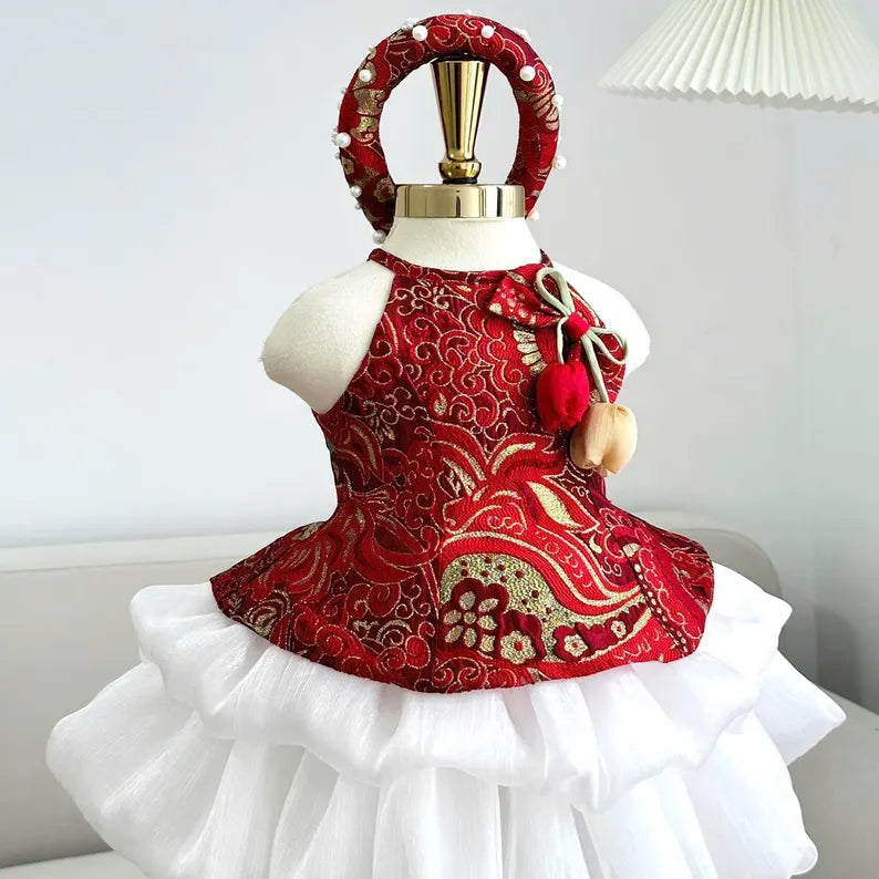 Baby Girl Red Brocade Ao Dai Dress: Lunar New Year Outfit