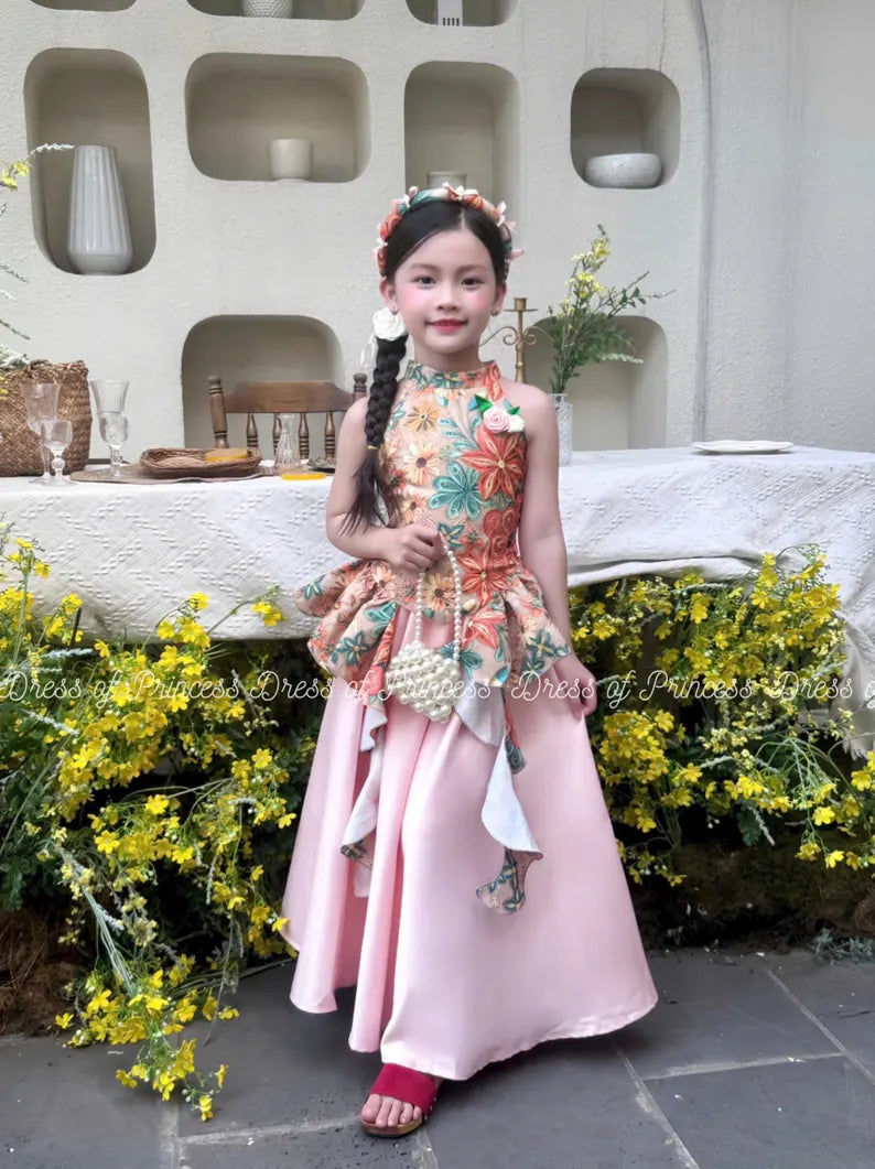 Vietnamese Ao Tu Than Inspired Dress: Floral Embroidered Princess Outfit