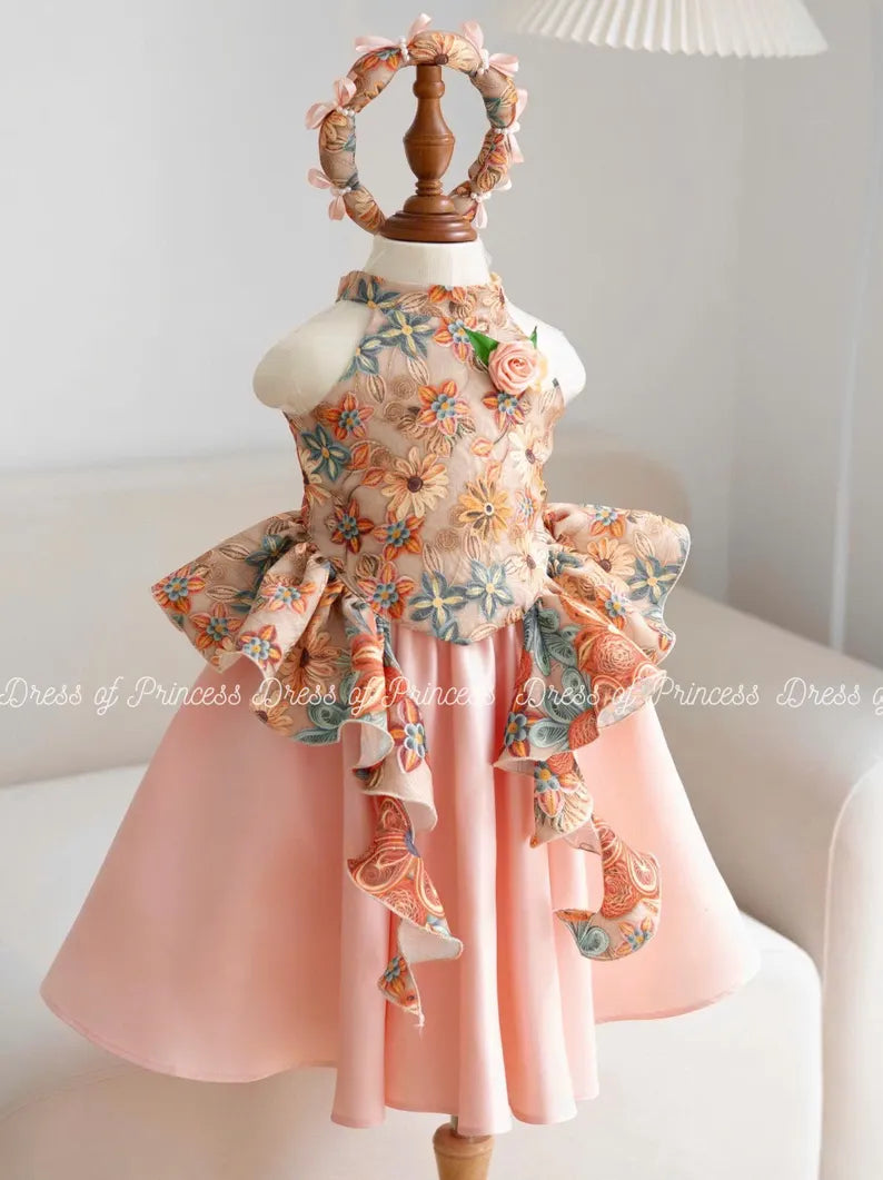 Vietnamese Ao Tu Than Inspired Dress: Floral Embroidered Princess Outfit