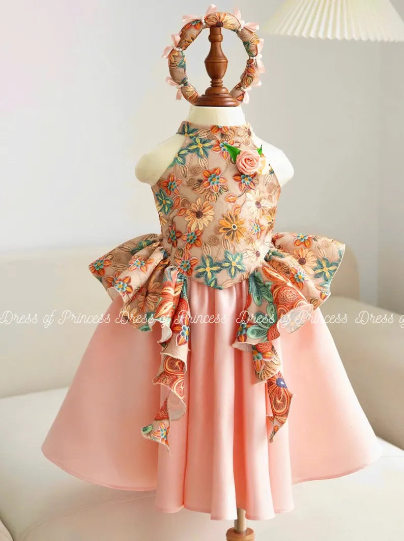 Vietnamese Ao Tu Than Inspired Dress: Floral Embroidered Princess Outfit