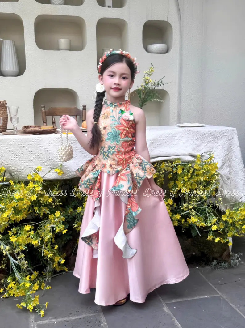 Vietnamese Ao Tu Than Inspired Dress: Floral Embroidered Princess Outfit