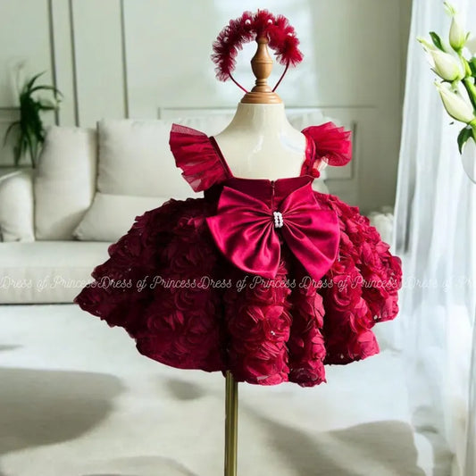 Luxury Red Rose Baby Girl Dress with Bow – Elegant Party, Birthday, Wedding Outfit