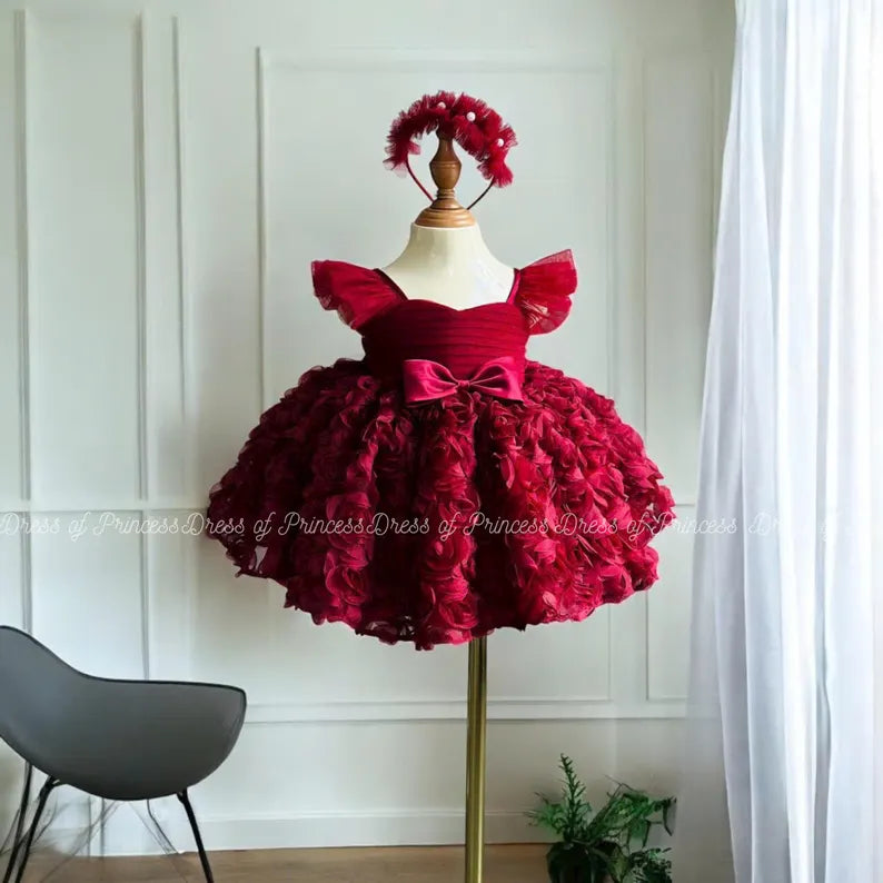 Luxury Red Rose Baby Girl Dress with Bow – Elegant Party, Birthday, Wedding Outfit