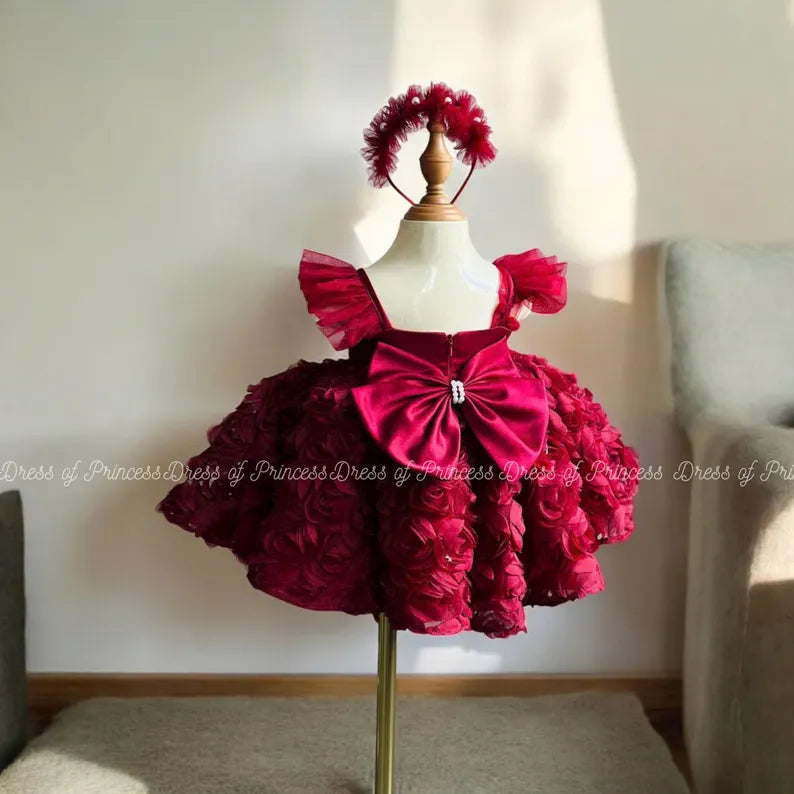 Luxury Red Rose Baby Girl Dress with Bow – Elegant Party, Birthday, Wedding Outfit