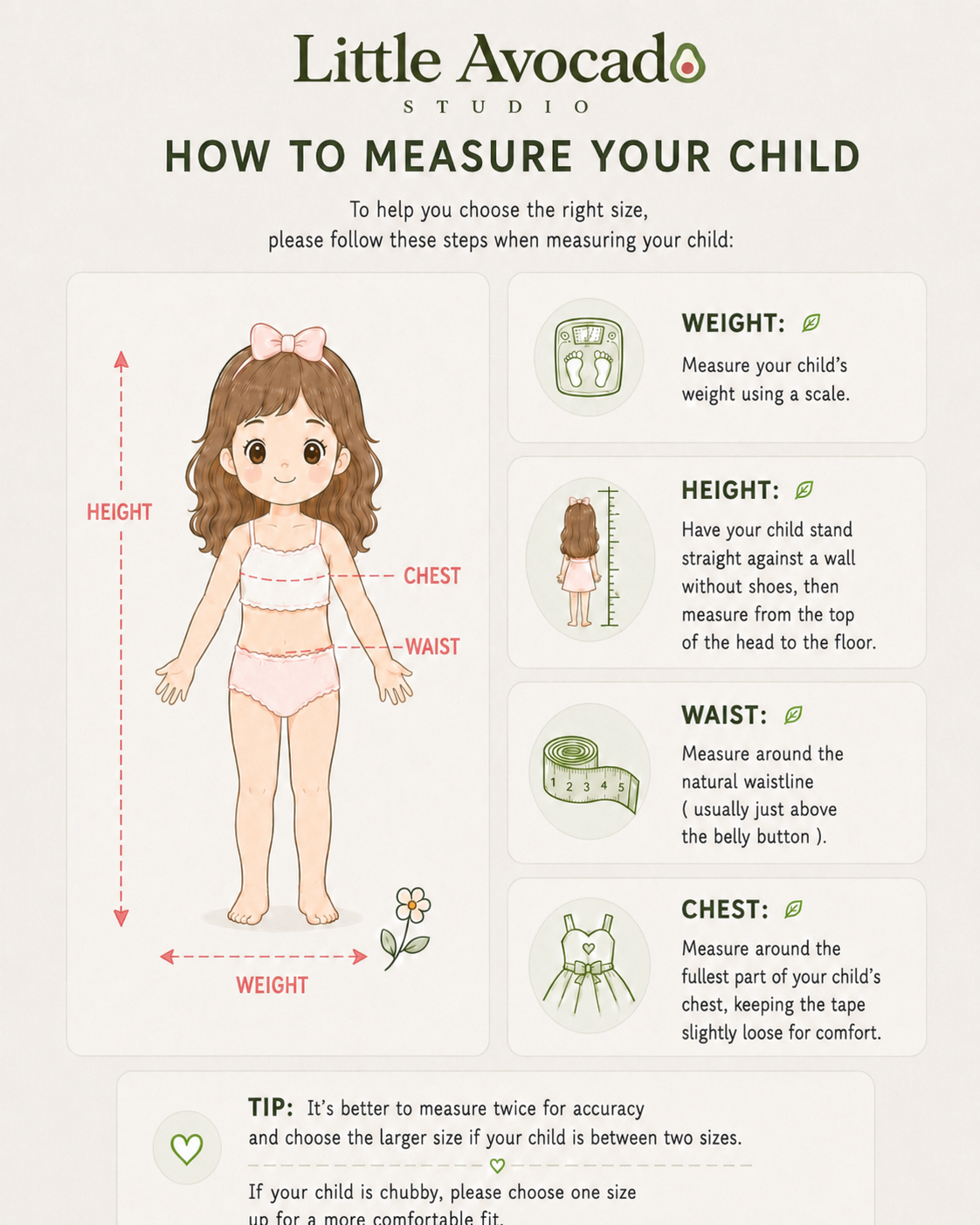 Little Avocado Studio size chart reference 1