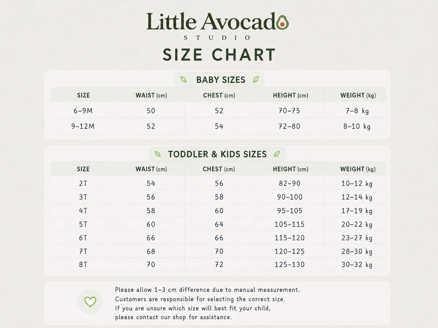 Little Avocado Studio size chart reference 2