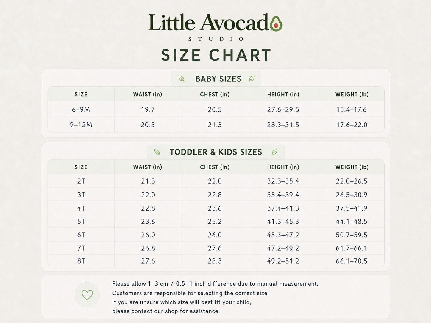 Little Avocado Studio size chart reference 3